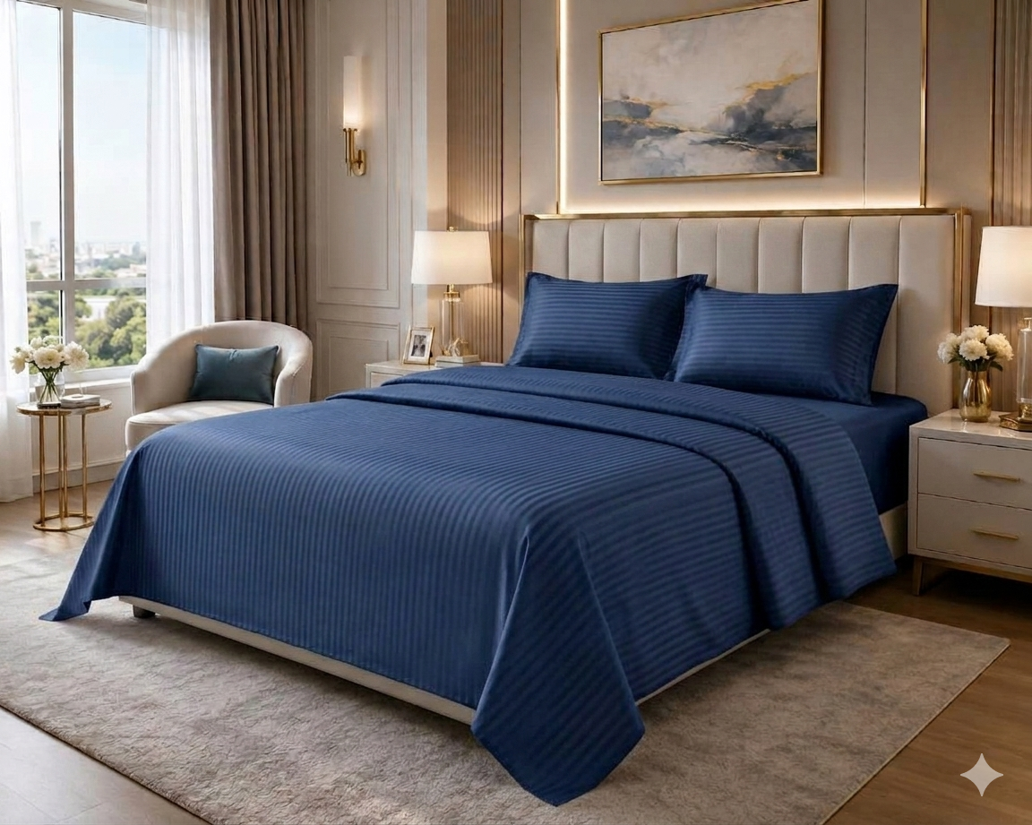 Ashlo's Striped Bed Sheet Set, Hotel Style, Satin Stripe, Double Bed, with Pillow Covers