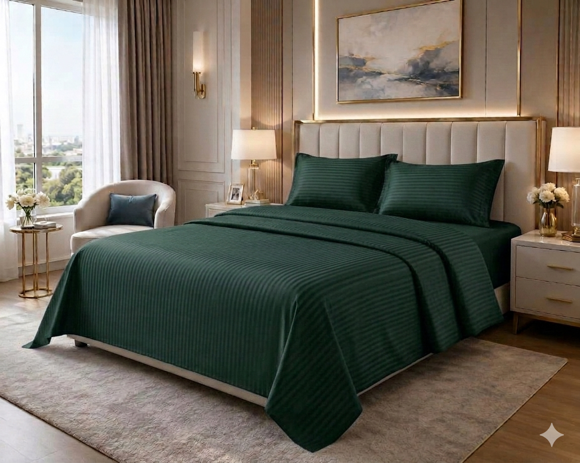 Ashlo's Striped Bed Sheet Set, Hotel Style, Satin Stripe, Double Bed, with Pillow Covers