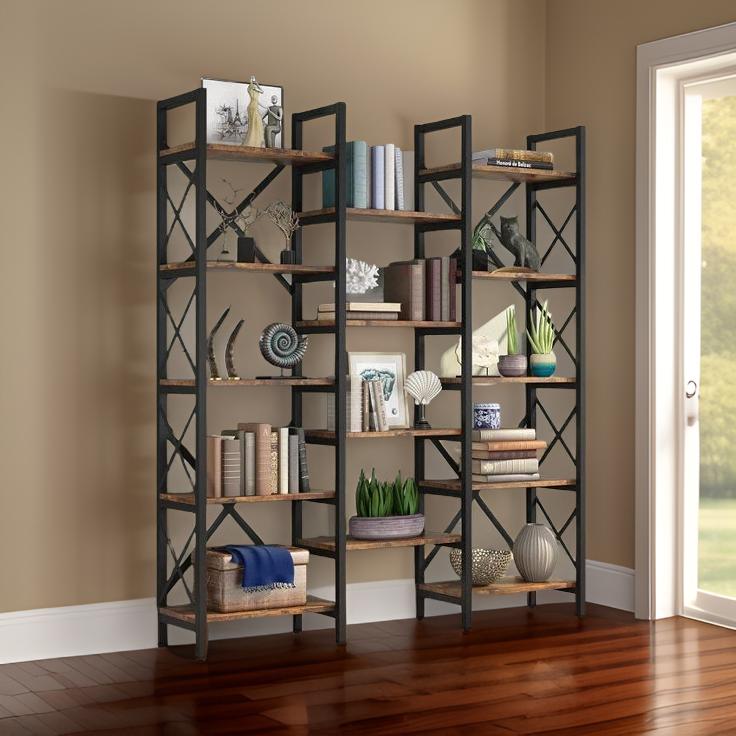 Ashlo's Bookshelf with Metal Frame and Wooden Shelves, Multipurpose Storage for Living Areas