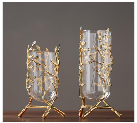 Ashlo's Glass Metal Vase Hollow Gold Metal Frame Branches Rattan Transparent Flower Vase Flower Arrangement Hydroponics Home Decoration