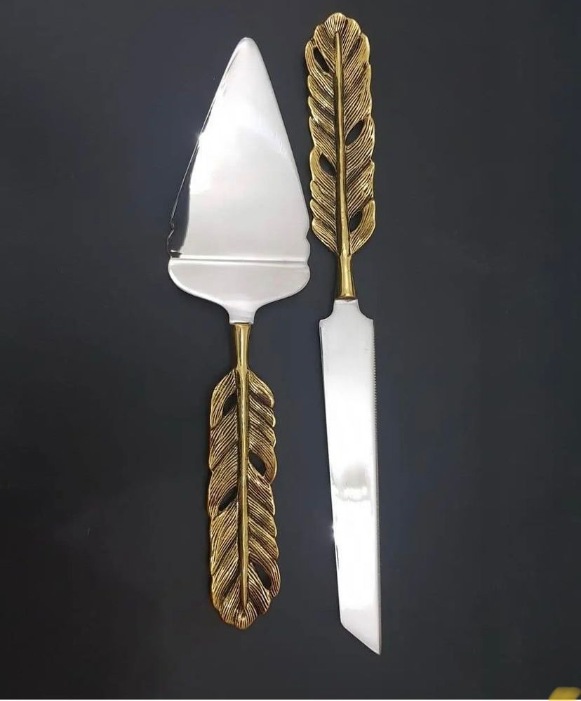 Ashlo's Vintage Brass Gold Feather Cake Knife & Spatula Set