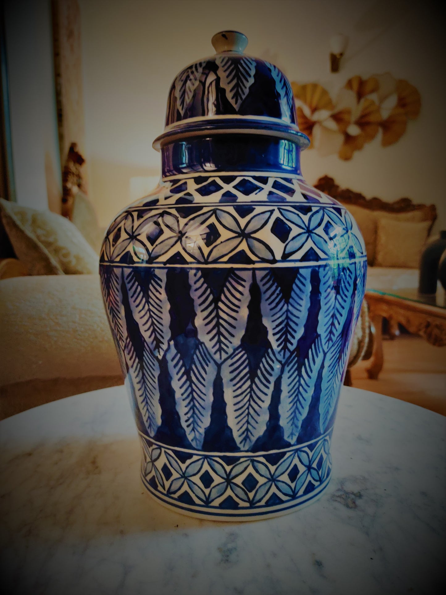 Ashlo's Décor Ancient Blue and White Floral Porcelain Temple Jar Large