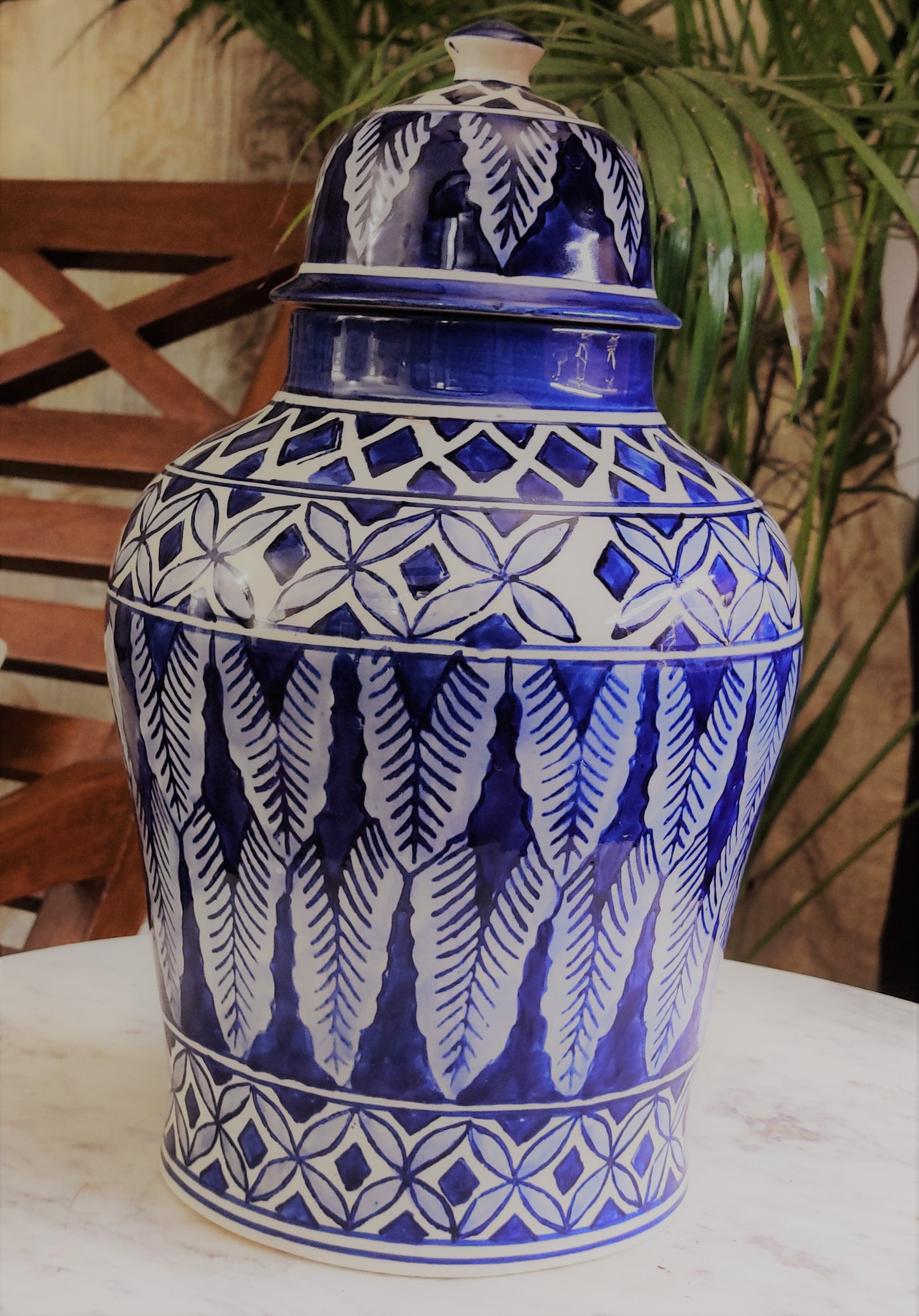 Ashlo's Décor Ancient Blue and White Floral Porcelain Temple Jar Large