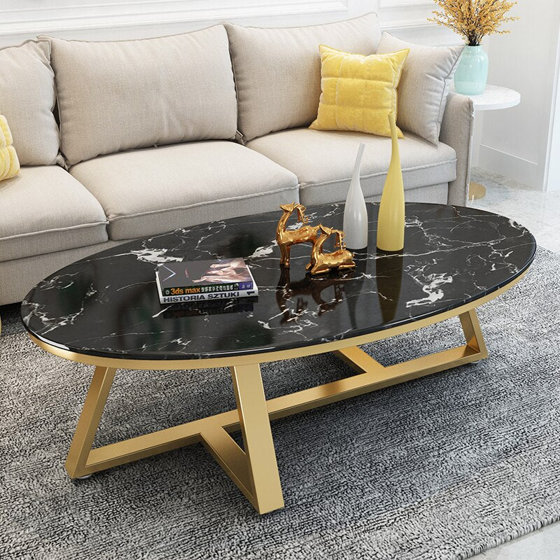 Ashlo's Décor Stainless Steel Oval Shape Coffee Table - Gold Base Black Top Centerpiece for Living Room, Bedroom