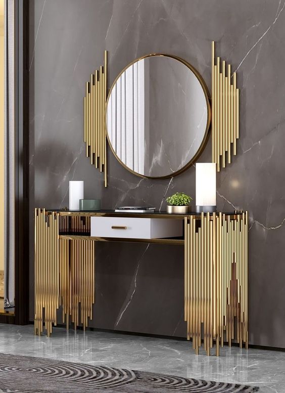 Ashlo's Décor Beautiful Console Table With Stone top Living Room/Foyer With Wall Decor Mirror