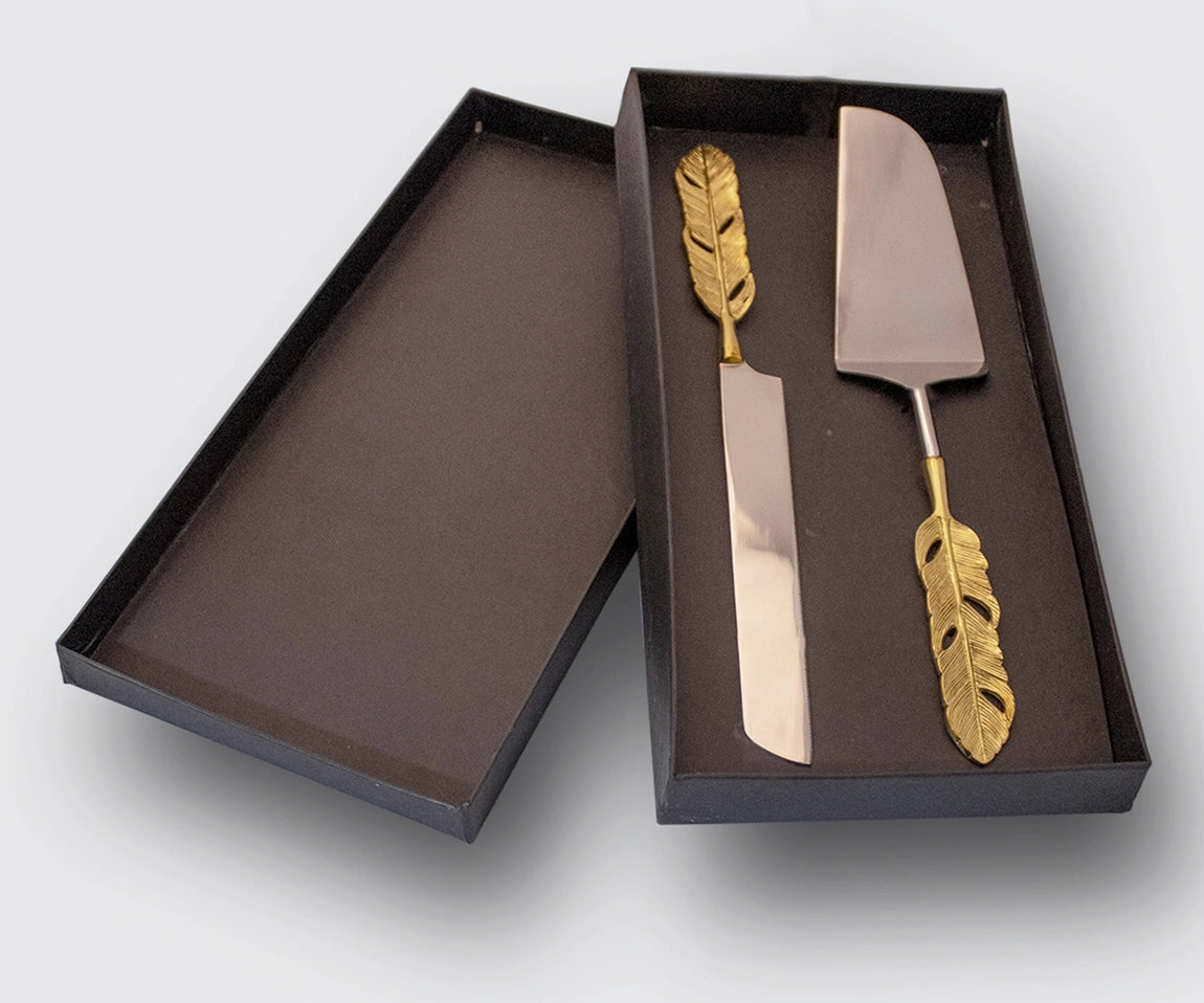 Ashlo's Vintage Brass Gold Feather Cake Knife & Spatula Set